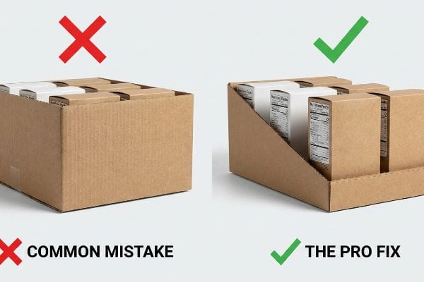 Corrugated display boxes: common mistake (high front walls) vs. pro fix (lower lip height) for 85% product visibility.