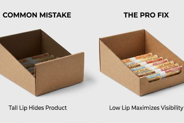 Cardboard display comparison: Common Mistake shows tall lip hiding lip balm, while Pro Fix features a low lip maximizing product visibility for impulse purchases.