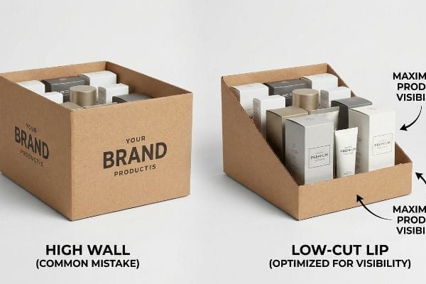 Corrugated cardboard display trays illustrate a High Wall Common Mistake versus a Low-Cut Lip Optimized for Visibility, enhancing premium product visibility.