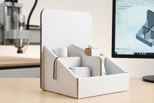 An unprinted white corrugated cardboard tabletop display mockup with products, next to a Kongsberg CNC machine and a CAD design on a monitor.