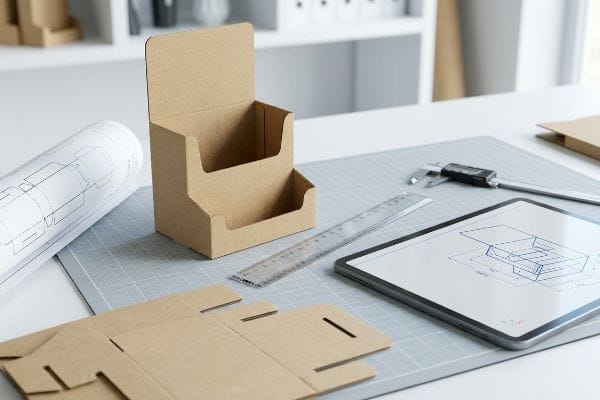A packaging design workspace with a brown cardboard display, CAD drawing on a tablet, digital caliper, and blueprints.