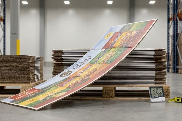 Angled corrugated display panel, printed with 'Fruitfulls' and 'Pollinates' graphics, next to a hygrometer showing 22.7°C, 58% humidity.