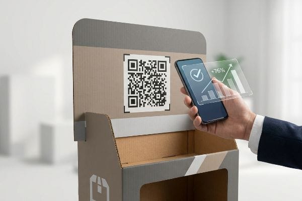 Corrugated cardboard display features a prominent QR code being scanned by a smartphone, showing digital engagement metrics with a +76% increase.