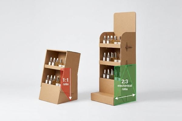 Brown cardboard countertop display, illustrating a 1:1 ratio tipping hazard, contrasted with a stable floor display showing a 2:3 mechanical ratio for stability, holding cosmetic bottles.