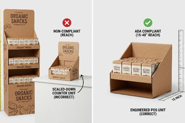 Cardboard displays contrasting a non-compliant, scaled-down Organic Snacks floor unit with an ADA compliant, 15-inch deep engineered Point of Sale counter unit.