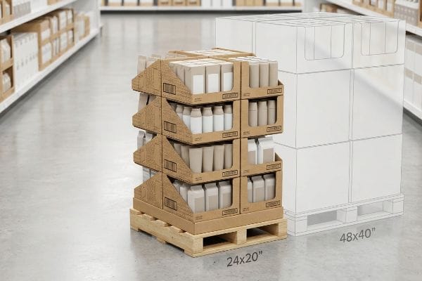 Brown corrugated cardboard display-ready quarter pallet (24x20