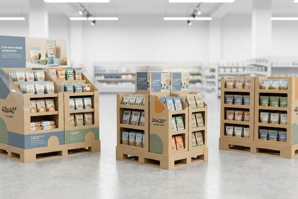 Corrugated display-ready pallet units: a 48x40 Pre-Assembled Pallet-Unit and 24x20 fractional merchandisers in a retail store.
