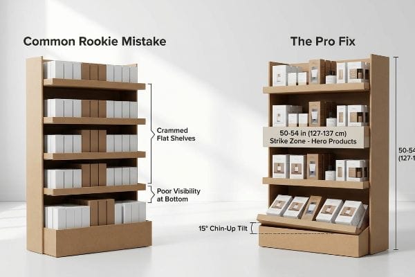 Two cardboard display units illustrate common rookie mistake with crammed flat shelves and poor visibility versus the pro fix featuring a 15-degree chin-up tilt and 50-54 inch strike zone for hero products.