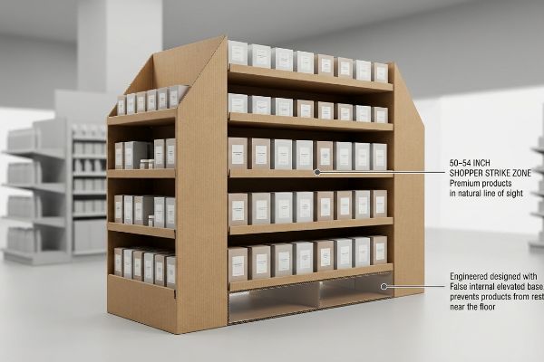 Brown corrugated cardboard floor display unit featuring the 50-54 Inch Shopper Strike Zone and False Internal Elevated Base.