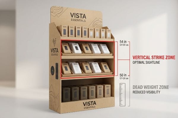纸板 Vista Essentials 零售展示架显示了垂直打击区(50-54 英寸)以实现最佳视线,以及视线受限的死重区。.