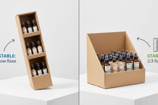 Kraft cardboard displays compare an Unstable narrow base unit with a Stable 2:3 Ratio countertop merchandiser for spray bottles.