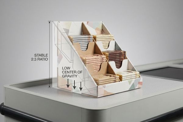 Thekenaufsteller aus Karton mit Süßwaren, mit grafischen Überlagerungen im stabilen 2:3-Verhältnis und niedrigem Schwerpunkt.