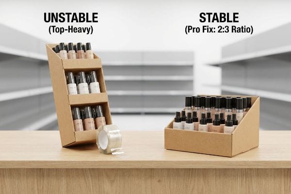 Corrugated cardboard retail displays demonstrate an Unstable (Top-Heavy) design leaning with tape, contrasted by a Stable (Pro Fix: 2:3 Ratio) display.