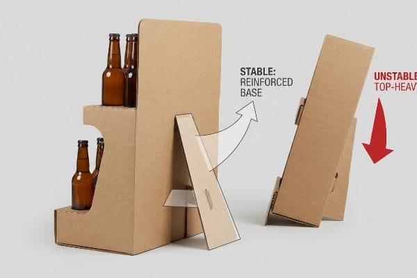 Brown corrugated cardboard POS displays comparing a Stable: Reinforced Base unit with bottles to an Unstable: Top-Heavy unit, demonstrating weight distribution.