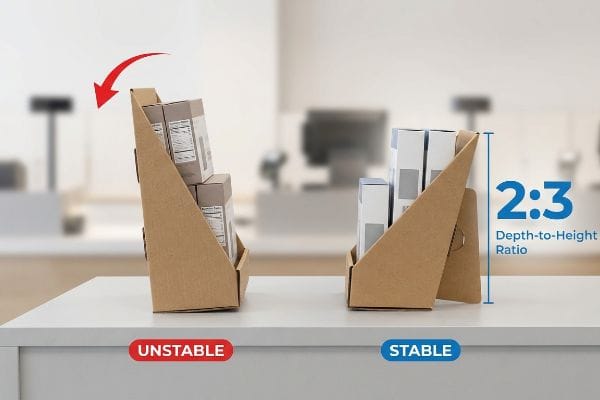 Cardboard point-of-sale displays compare an Unstable unit tipping with a Stable one, emphasizing the 2:3 Depth-to-Height Ratio.
