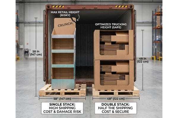 Palettierte CRUNCH-Displayeinheiten in einem Versandcontainer, wobei ein riskantes 58-Zoll-Einzelstapel einem sicheren 48-Zoll-Doppelstapel für eine optimierte LKW-Transporthöhe gegenübergestellt wird.