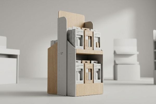 A minimalist retail display stand, featuring light wood and gray panels, stocked with product boxes, highlighting a '52