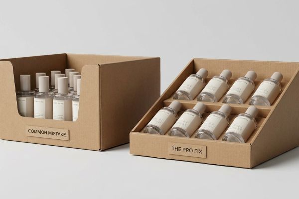 Brown cardboard display stands showcasing product visibility: one labeled 'Common Mistake' with hidden bottles, and another 'The Pro Fix' with exposed bottles.