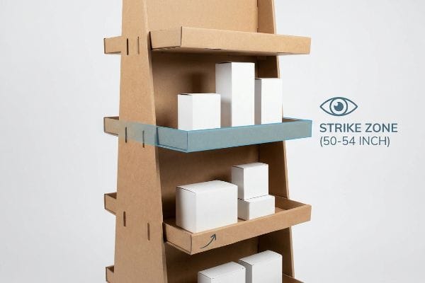 Brown corrugated cardboard display featuring white product boxes, with a blue highlighted shelf indicating the 'Strike Zone (50-54 Inch)' for optimal visibility.