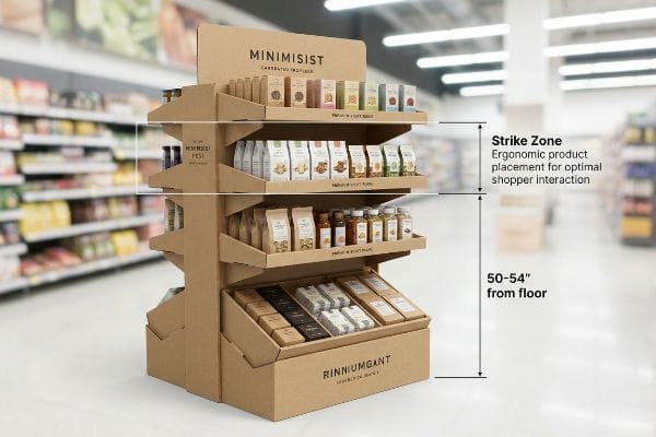 A corrugated cardboard floor display in a retail aisle showcases MinimisisT and Rinniumgant products within the 50-54 inch strike zone.