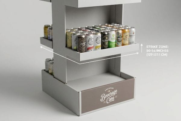 Light grey corrugated display with Premium Beverage Cans on a shelf in the 50-54 inch Strike Zone.