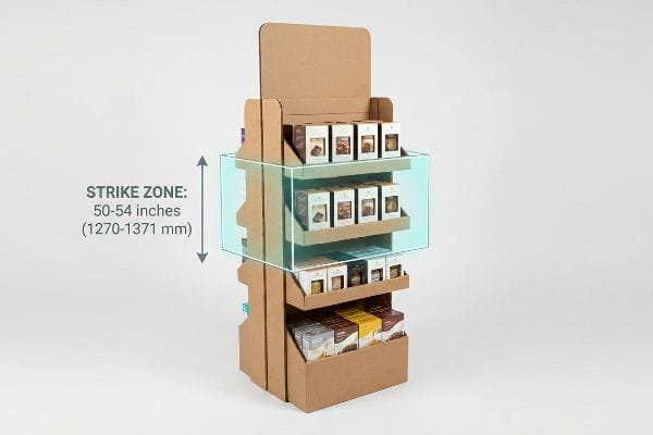 Corrugated cardboard floor display unit with products, highlighting the Strike Zone at 50-54 inches (1270-1371 mm) for optimal placement.