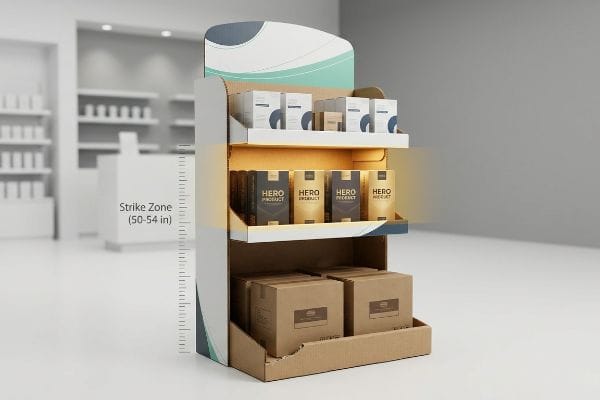 Cardboard retail display with an illuminated 'Hero Product' shelf positioned in the 50-54 inch strike zone, optimizing impulse purchases.