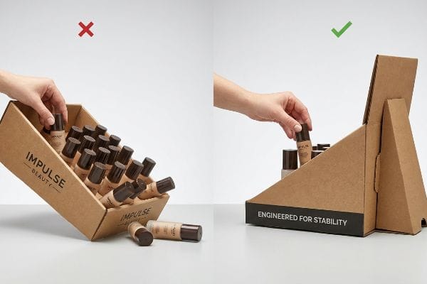 Cardboard Impulse Beauty countertop display tipping with cosmetics versus a stable unit Engineered For Stability, featuring an extended easel back.