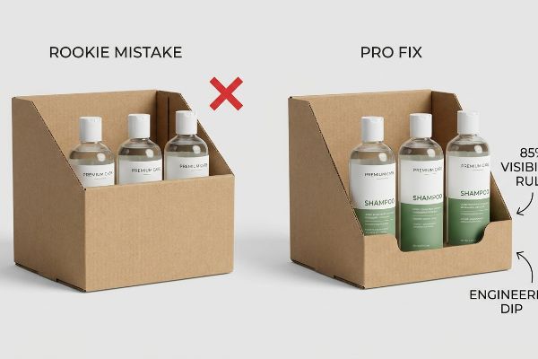 Corrugated cardboard display showing Rookie Mistake vs. Pro Fix with 85% Visibility Rule and Engineered Dip for Premium Care Shampoo.