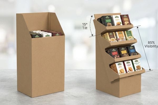 Brown corrugated cardboard displays, one a simple bin and the other a multi-tiered stand with 85% Visibility and 15° Tilt for product packaging.