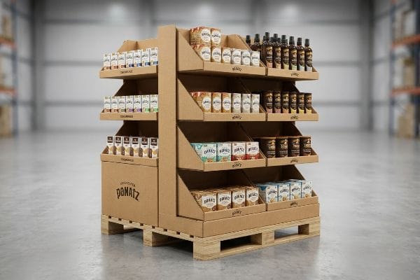 A multi-tiered corrugated cardboard PDQ full pallet display for Domatz products, stocked with various packaged goods and bottles, rests on wooden pallets in a warehouse.