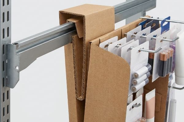 Corrugated cardboard sidekick with double-layer board, displaying batteries and cosmetics on metal hooks, attached to a gondola rail.