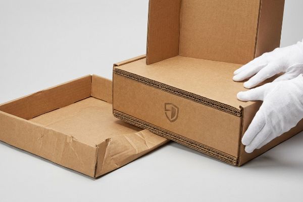 Brown double-wall corrugated box assembly by gloved hands, showcasing a subtle shield logo.