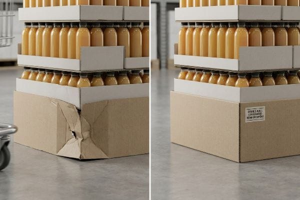 A reinforced Double-Wall Corrugated Reinforcement base supports juice bottles, contrasting with a crumpled, damaged base.