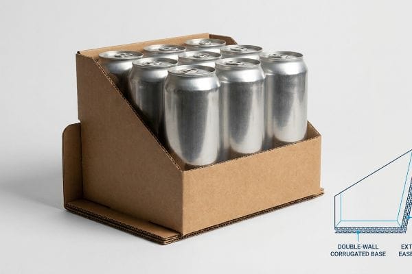 A brown corrugated counter display unit holds twelve aluminum beverage cans, with a diagram highlighting its Double-Wall Corrugated Base and Extended Easel.