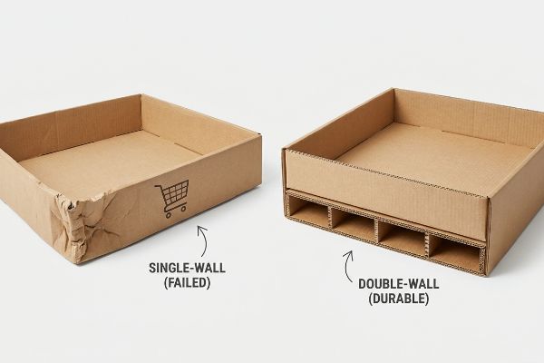 Brown corrugated cardboard display trays comparing a crumpled 'Single-Wall (Failed)' unit with a robust 'Double-Wall (Durable)' base reinforcement.