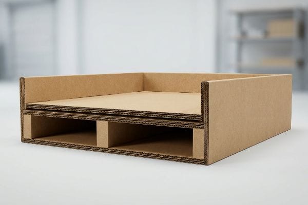 Natural kraft double-wall corrugated cardboard display base, engineered for retail durability and product presentation.