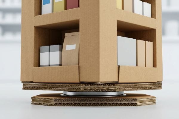 Detalhe de uma base giratória de papelão ondulado de parede dupla com um rolamento de metal, que suporta diversas caixas e sacolas de produtos em prateleiras.