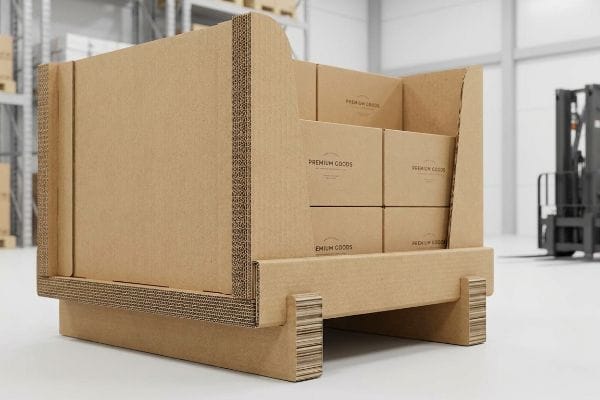 Brown double-wall corrugated cardboard retail display holding multiple 'Premium Goods' boxes.