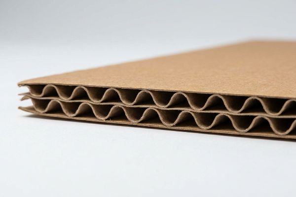 Detailed cross-section of double-wall brown corrugated cardboard, revealing two layers of wavy flutes between flat linerboards, highlighting structural integrity.
