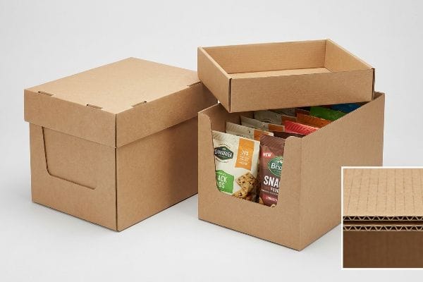 茶色の二重壁段ボール製、店頭陳列可能なパッケージ：サンシバーとブルックスのスナックが入ったHSCディスプレイボックスと、密閉式の収納ボックス。.