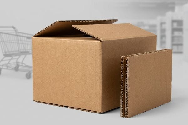 Brown double-wall corrugated cardboard box, partially open, next to two pieces of corrugated board revealing fluting, highlighting packaging durability.