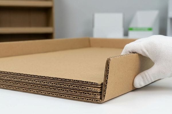 A gloved hand holds a stack of double-wall corrugated cardboard, revealing multiple layers of visible fluting for enhanced rigidity.