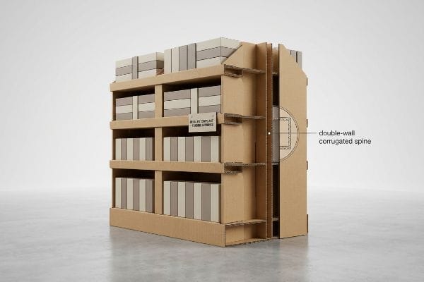 Brown corrugated display unit with shelves of boxes, highlighting a double-wall corrugated spine and 'Retail Fd Compliant - Funding Approved' sign.