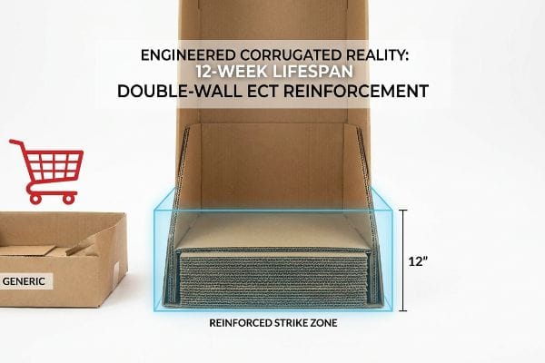 Double-wall ECT reinforced corrugated display with a 12-inch reinforced strike zone, demonstrating 'Engineered Corrugated Reality: 12-Week Lifespan Double-Wall ECT Reinforcement' compared to a generic box.