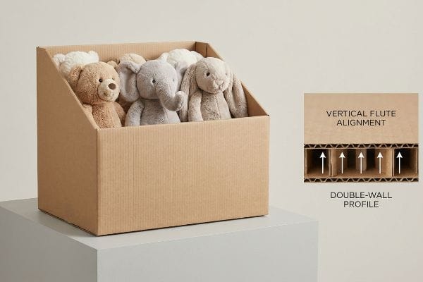 Corrugated double-wall Half Slotted Container with plush toys, featuring Vertical Flute Alignment and Double-Wall Profile for strength.