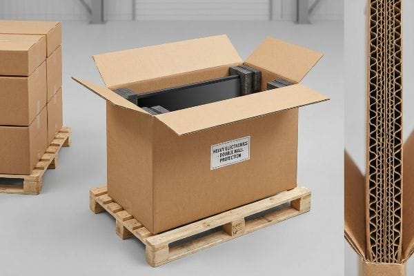 Brown double-wall corrugated box, open, with foam-protected heavy electronics. Label: 'Heavy Electronics - Double Wall Protection'. Vertical flutes visible.