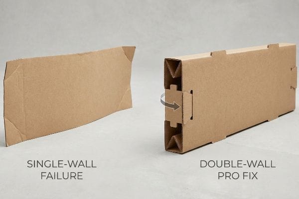 A comparison of a Single-Wall Failure flat cardboard header with a rigid, folded Double-Wall Pro Fix structure featuring an interlocking tab.