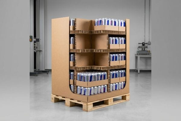 Corrugated cardboard pallet display with double-wall structure, filled with silver energy drink cans, on a wooden pallet.