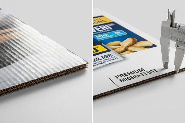 Double-wall micro-flute corrugated board edge, revealing its wavy structure and a premium printed surface.